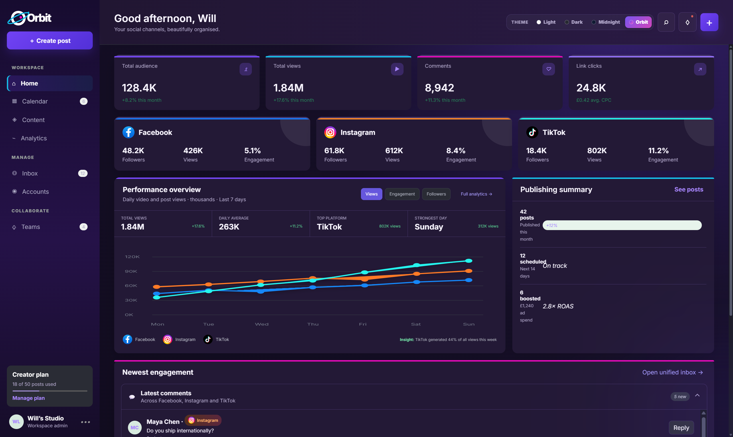 Orbit Social Studio dashboard